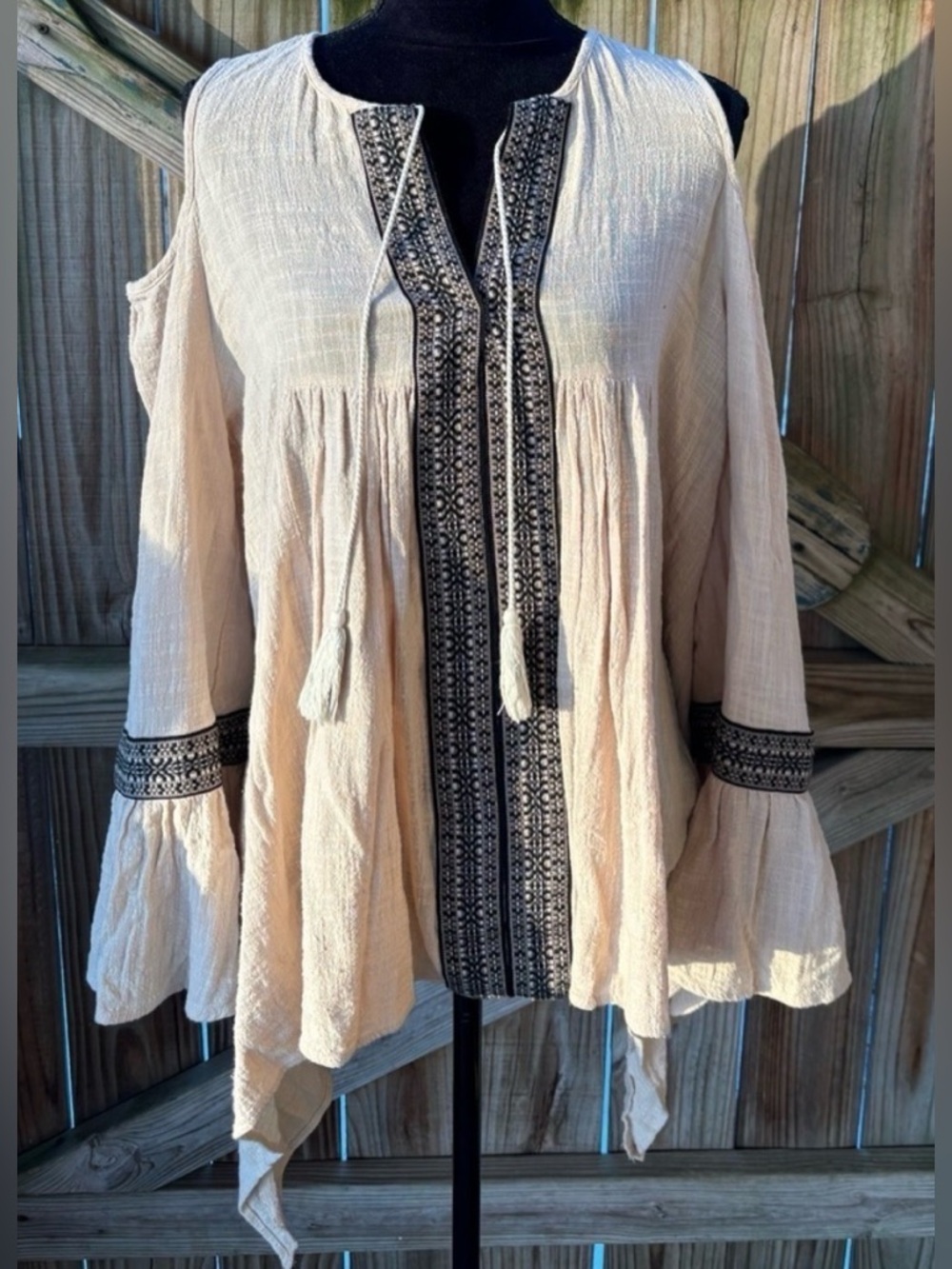 Bohemian Tribal Inspired Peasant Blouse Long Bell Sleeves & Uneven Hem Size M